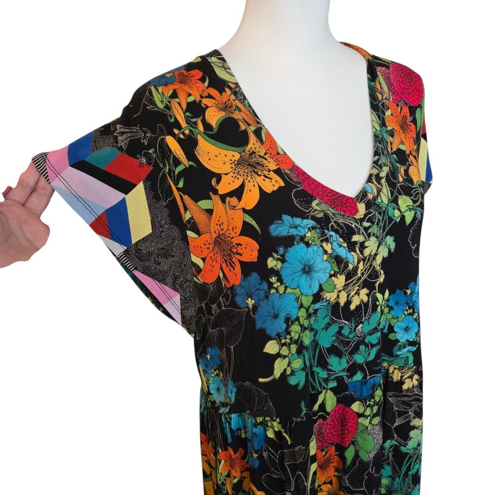 Johnny Was Floral Jersey Knit Colorful Nero Sequence Tiered Tea Length Dress - Picture 4 of 12